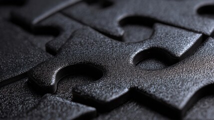 Abstract dark puzzle pieces interlocking in intricate detail, symbolizing connection and problem solving