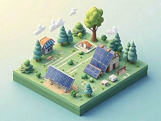 アイソメトリック, 3Dマップ, 地図, ゲームマップ, 自然, 景色, 環境問題,家とソラーパネル、森の中の家、ゲーム風景, ミニモデル, 風景, 木, ジオラマ, 3D, イラスト, 季節, 粘土, 建築, 観光, 旅行, 温暖化, 山, 森, 空, テクノロジー, エコロジー, 太陽, パワー, エネルギー, パネル, 光起電力, ソーラーパネル, 太陽光, 環境の, 電気の, ビジネス, 