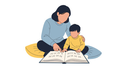 Mother and Child Reading Braille Book Together Learning Braille Alphabet