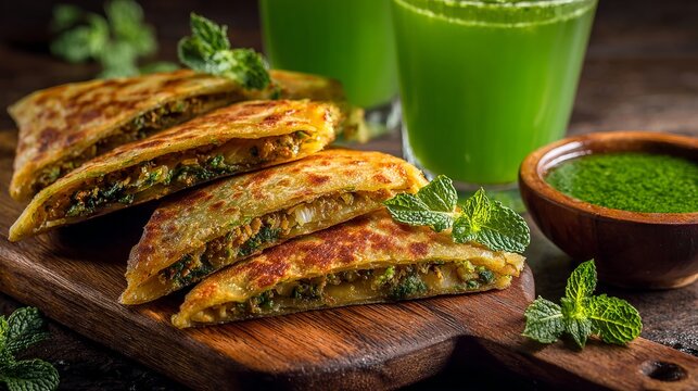 Savor delicious stuffed paratha triangles with vibrant green chutney and refreshing minty drinks