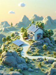 アイソメトリック, 3Dマップ, 地図, ゲームマップ, 自然, 景色, 環境問題,家とソラーパネル、森の中の家、ゲーム風景, ミニモデル, 風景, 木, ジオラマ, 3D, イラスト, 季節, 粘土, 建築, 観光, 旅行, 温暖化, 山, 森, 空, テクノロジー, エコロジー, 太陽, パワー, エネルギー, パネル, 光起電力, ソーラーパネル, 太陽光, 環境の, 電気の, ビジネス, 