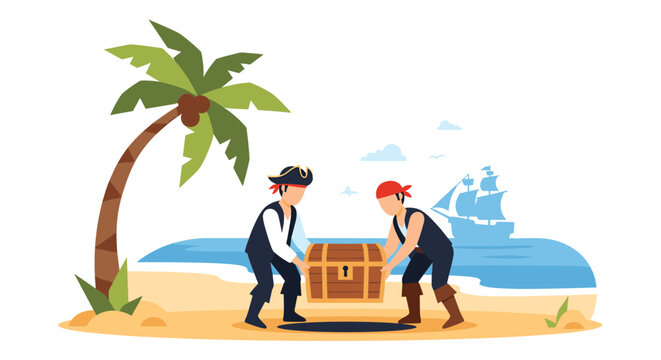 Two pirates carrying a treasure chest on a tropical island beach