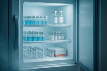 Vaccine quality control. Fridge filled with vials and medical supplies for storage.