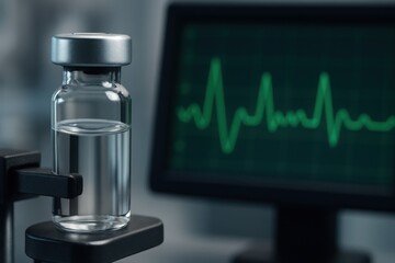 Vaccine quality control. Vial of liquid next to a monitor displaying a heartbeat graph.