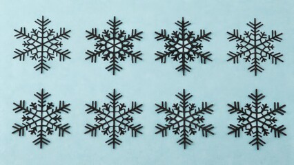 Eight Snowflake Decorations on Light Blue Background, Winter Holiday Season