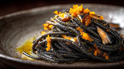 A close up shot of black spaghetti with orange garnish served on a dark ceramic plate