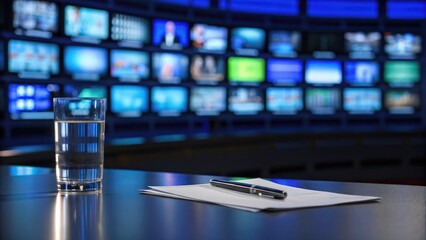 News studio background with glass of water and pen on desk ready