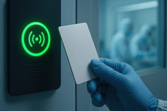 Vaccine quality control. Hand holding access card near a security scanner with green light.