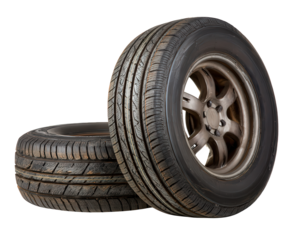 Durable automotive car tire and wheel with black rubber tread and bronze rim. An isolated object for vehicle representing transport safety and reliable maintenance
