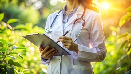 A female doctor in a white coat holds a clipboard and pen, examining plants in a sunlit garden, symbolizing nature and medical research