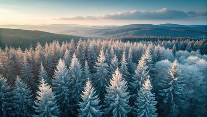 Winter Wonderland Aerial View Frosted Trees and Mountain Scenery at Sunrise