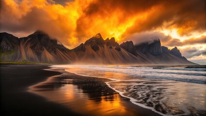 Dramatic Stokksnes, Iceland Beach at Golden Hour with Mountain and Sky