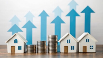 Rising Real Estate Market Investment Concept with House Models and Stacks of Coins