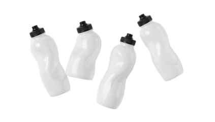 A set of four white ergonomic sports water bottles for hydration, presented in a clean, dynamic layout isolated on a white background