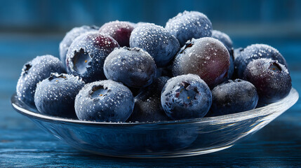 A close up shot of a glass bowl filled with fresh blueberries covered in water droplets on a blue table