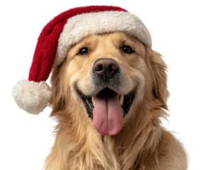 Happy golden retriever dog portrait. pet animal wearing festive santa hat for christmas holiday celebration, showing cheerful and joyful expression for season