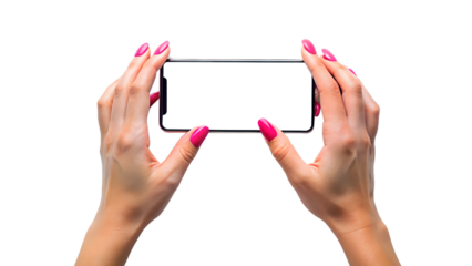 Womans hands holding a smartphone horizontally with a blank white screen, isolated on transparent background