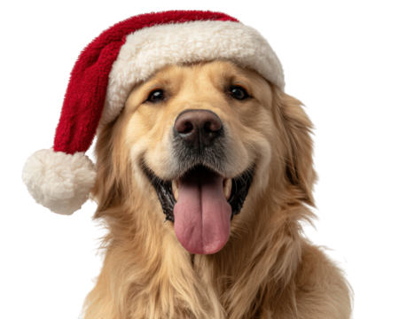 Happy golden retriever dog portrait. pet animal wearing festive santa hat for christmas holiday celebration, showing cheerful and joyful expression for season