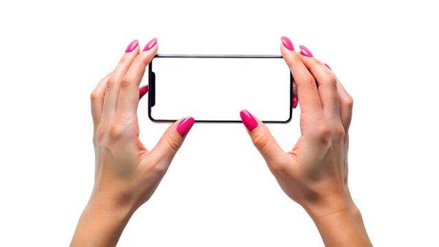 Womans hands holding a smartphone horizontally with a blank white screen, isolated on transparent background