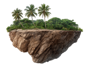 Serene floating tropical island with palm tree and green vegetation. This fantasy rock landform, an isolated object with soil and stone, creates magical and peaceful scene
