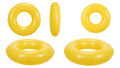 A set of five yellow inflatable swim rings, showcasing different angles for versatility in design and usage for summer fun