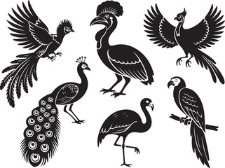 Naklejka premium Elegant bird silhouettes: peacock, parrot, flamingo, phoenix