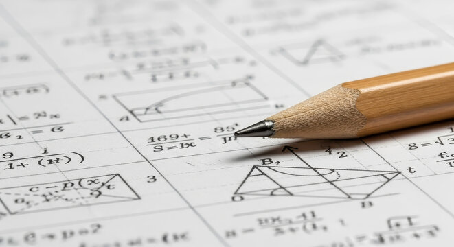 Pencil on complex math problem sheet.