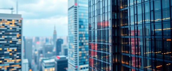 High-rise office, blurred cityscape, modern glass building, abstract background,  focus,  contemporary