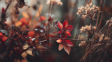 A close up shot of red leaves and dried flowers in a field with blurred background outdoors