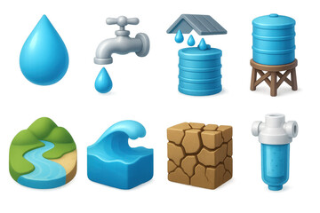 Water conservation icons set featuring tap, rainwater collection, and filtration