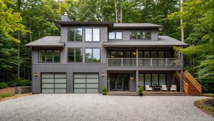 Modern grey house exterior surrounded by trees, with gravel driveway and garage.