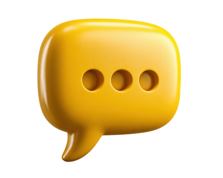 Yellow 3d speech bubble chat icon showing message. glossy symbol for communication, conversation, or typing. Isolated object for social media or app design