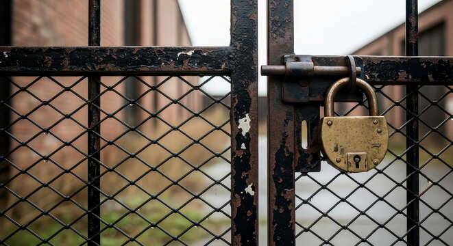 Rusty padlock on an old wire gate.