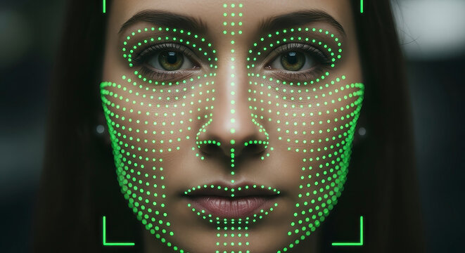 Facial recognition technology scanning woman's face.