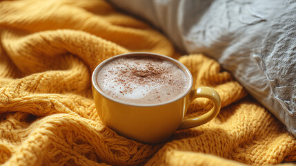 Close up of a yellow mug filled with a frothy drink on a cozy yellow knit blanket and pillow
