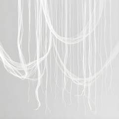 Abstract depiction of flowing, ethereal white strands resembling roots or curtains against a pale background.