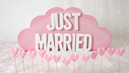 Romantic Just Married Decoration with Pink Heart Picks and Cloud Backdrop