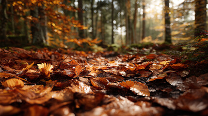 A ground level view of a forest floor covered in fallen autumn leaves on a sunny day outdoors