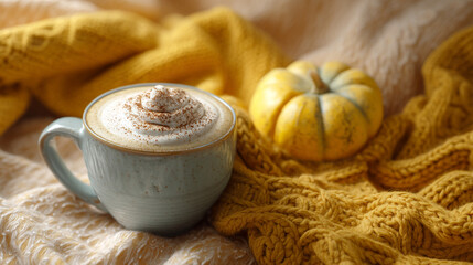 A light blue mug with whipped cream and spices next to a yellow pumpkin on a yellow blanket