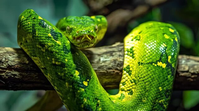Green Tree Python Coiled on a Branch in a Natural Habitat.