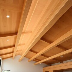 Interior view of a wooden ceiling with exposed beams and recessed lighting, showcasing the architectural detail and warm tones.