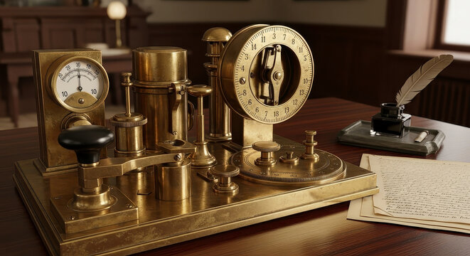 Vintage telegraph equipment on wooden desk.