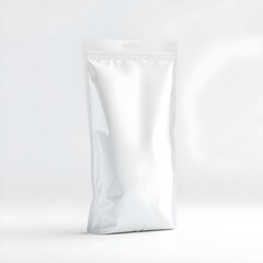A blank, white, stand-up pouch with a clear top and hanging hole, isolated against a bright white background.