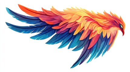 Obraz premium Colorful stylized wing in flight, vibrant feather detail, graphic design, isolated, background white, for abstract art, or digital print use