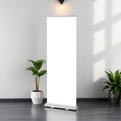 A blank white retractable banner stands in front of a brick wall, flanked by potted plants.