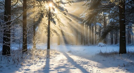 Sunlit Winter Forest - A Serene Landscape of Snow and Light.
