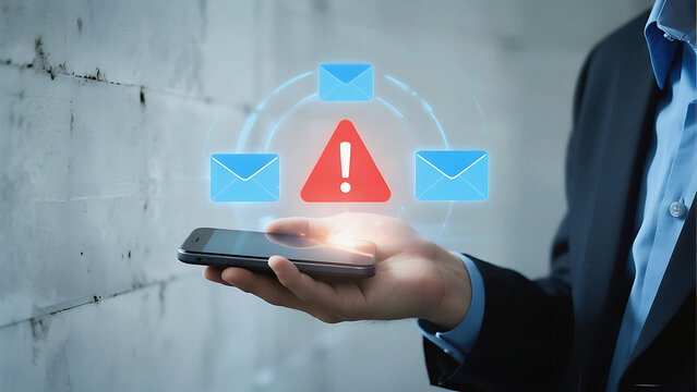 Hand holding phone with alert icon and email icons indicating a security warning or phishing attempt