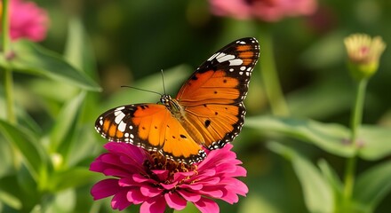 Obraz premium Monarch Butterfly on Zinnia Flower in Garden, Close-Up View.