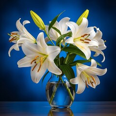 Elegant White Lilies in Glass Vase Against Blue Backdrop.