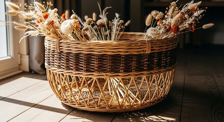 Dried Flower Arrangement in Woven Basket by Window Light.